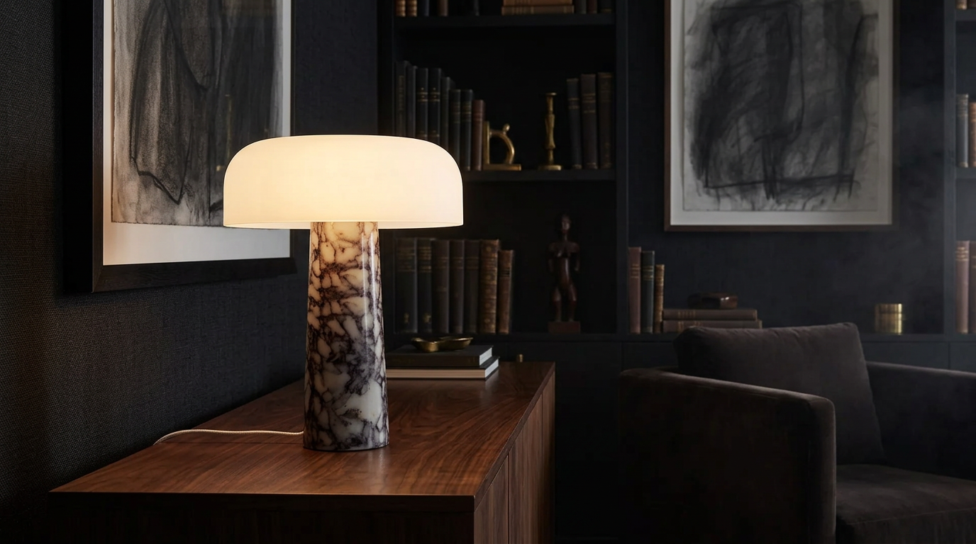 Lampa stołowa na tle ciemnego wnętrza